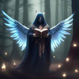 A Fallen Aasimar Pact of the Tome Warlock standing in a dark, mystical forest