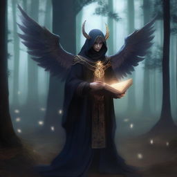 A Fallen Aasimar Pact of the Tome Warlock standing in a dark, mystical forest