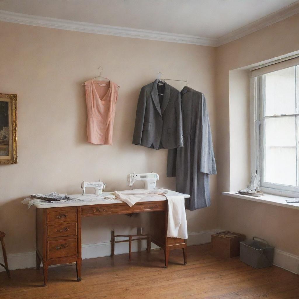 An intimate tailor studio with high-quality female clothing elegantly hung on a nearby wall and draped across a sewing table.