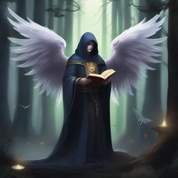 A Fallen Aasimar Pact of the Tome Warlock standing in a dark, mystical forest