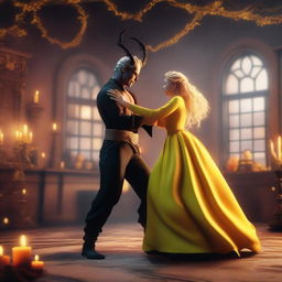 A stunning 3D scene depicting forbidden love between an adult female witch with blonde braided hair, dressed in a yellow dress, and a male demon