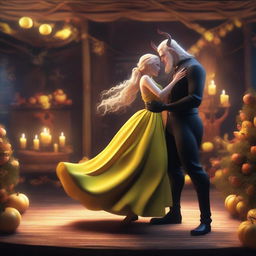 A stunning 3D scene depicting forbidden love between an adult female witch with blonde braided hair, dressed in a yellow dress, and a male demon