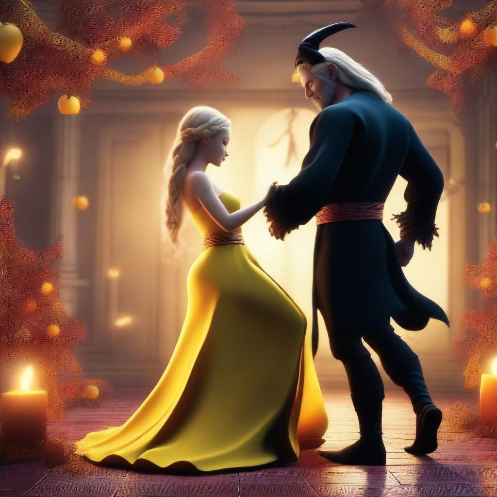 A stunning 3D scene depicting forbidden love between an adult female witch with blonde braided hair, dressed in a yellow dress, and a male demon