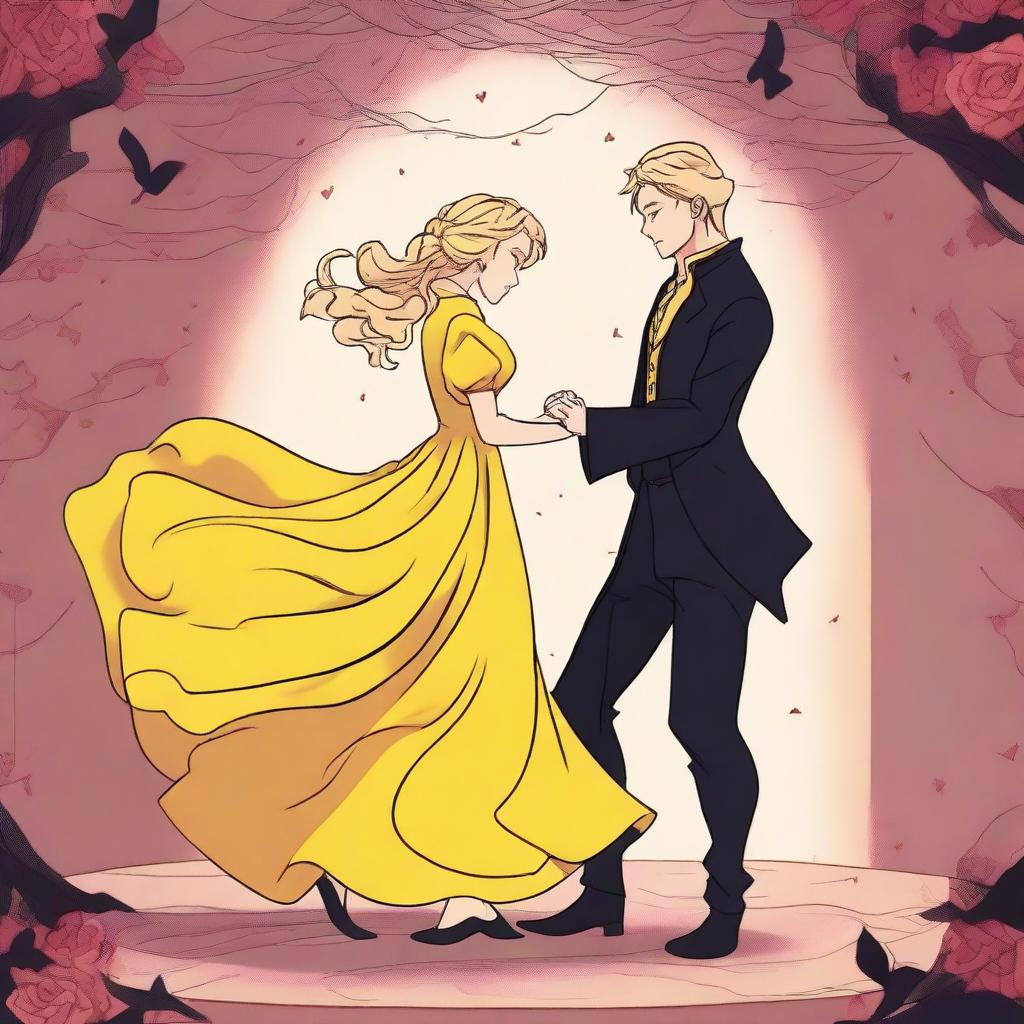 A captivating 2D animation scene depicting forbidden love between an adult female witch with blonde braided hair, dressed in a yellow dress, and a male demon