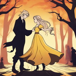 A captivating 2D animation scene depicting forbidden love between an adult female witch with blonde braided hair, dressed in a yellow dress, and a male demon