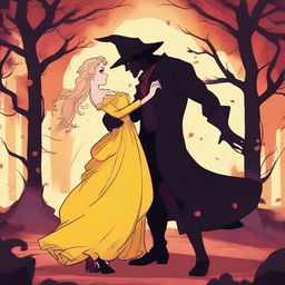 A captivating 2D animation scene depicting forbidden love between an adult female witch with blonde braided hair, dressed in a yellow dress, and a male demon