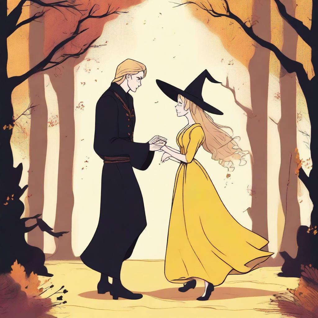 A captivating 2D animation scene depicting forbidden love between an adult female witch with blonde braided hair, dressed in a yellow dress, and a male demon