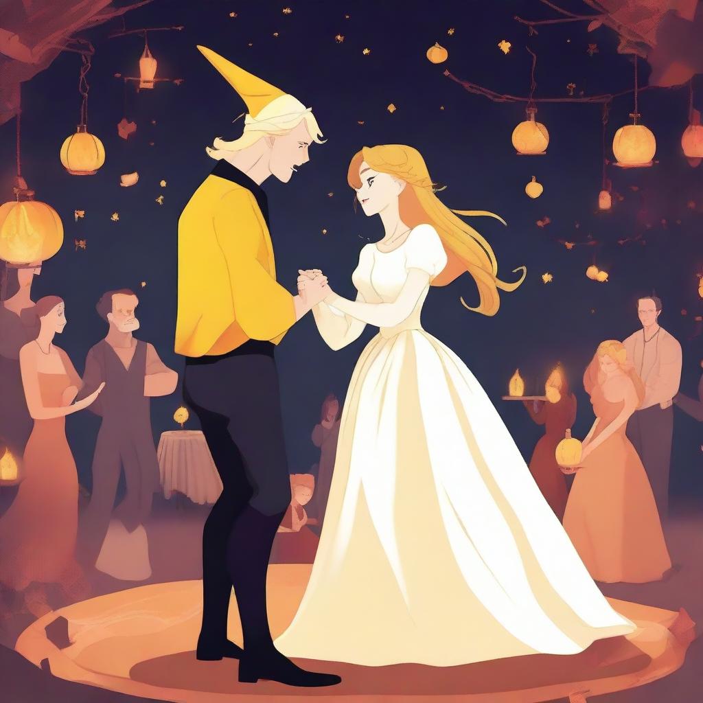 A captivating 2D animation scene depicting forbidden love between an adult female witch with blonde braided hair, dressed in a yellow dress, and a male demon, dressed in white linen