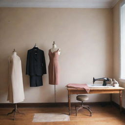 An intimate tailor studio with high-quality female clothing elegantly hung on a nearby wall and draped across a sewing table.