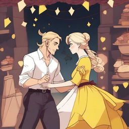 A captivating 2D animation scene depicting forbidden love between an adult female witch with blonde braided hair, dressed in a yellow dress, and a male demon, dressed in white linen