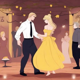 A captivating 2D animation scene depicting forbidden love between an adult female witch with blonde braided hair, dressed in a yellow dress, and a male demon, dressed in white linen