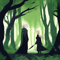 A captivating 2D animation scene depicting forbidden love between an adult female witch with blonde braided hair, dressed in black protective clothes, and a male demon, also dressed in black