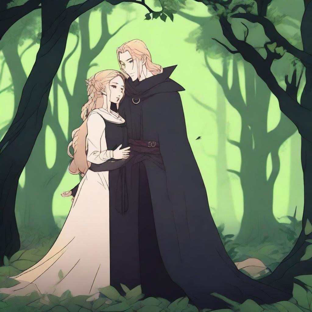 A captivating 2D animation scene depicting forbidden love between an adult female witch with blonde braided hair, dressed in black protective clothes, and a male demon, also dressed in black