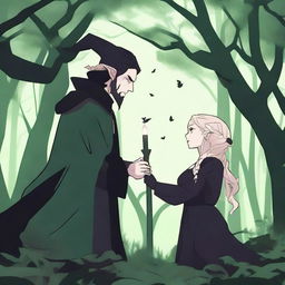 A captivating 2D animation scene depicting forbidden love between an adult female witch with blonde braided hair, dressed in black protective clothes, and a male demon, also dressed in black