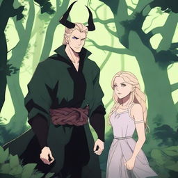 A captivating 2D animation scene depicting forbidden love between an adult female witch with blonde braided hair, dressed in black protective clothes, and a male demon, also dressed in black