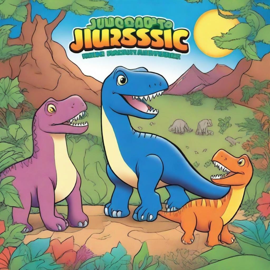 Create a cover image for a children's coloring book titled 'Jurassic Journeys: A Prehistoric Coloring Adventure