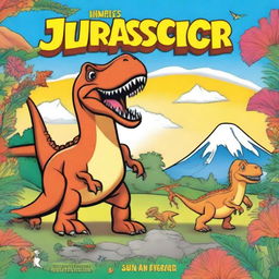 Create a cover image for a children's coloring book titled 'Jurassic Journeys: A Prehistoric Coloring Adventure