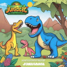 Create a cover image for a children's coloring book titled 'Jurassic Journeys: A Prehistoric Coloring Adventure