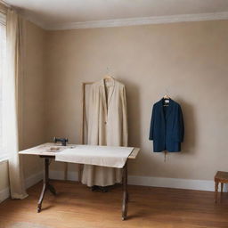 An intimate tailor studio with high-quality female clothing elegantly hung on a nearby wall and draped across a sewing table.