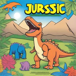 Create a cover image for a children's coloring book titled 'Jurassic Journeys: A Prehistoric Coloring Adventure