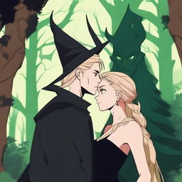 A captivating 2D animation scene depicting forbidden love between an adult female witch with blonde braided hair, dressed in black protective clothes, and a male demon, also dressed in black