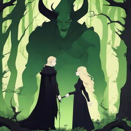 A captivating 2D animation scene depicting forbidden love between an adult female witch with blonde braided hair, dressed in black protective clothes, and a male demon, also dressed in black