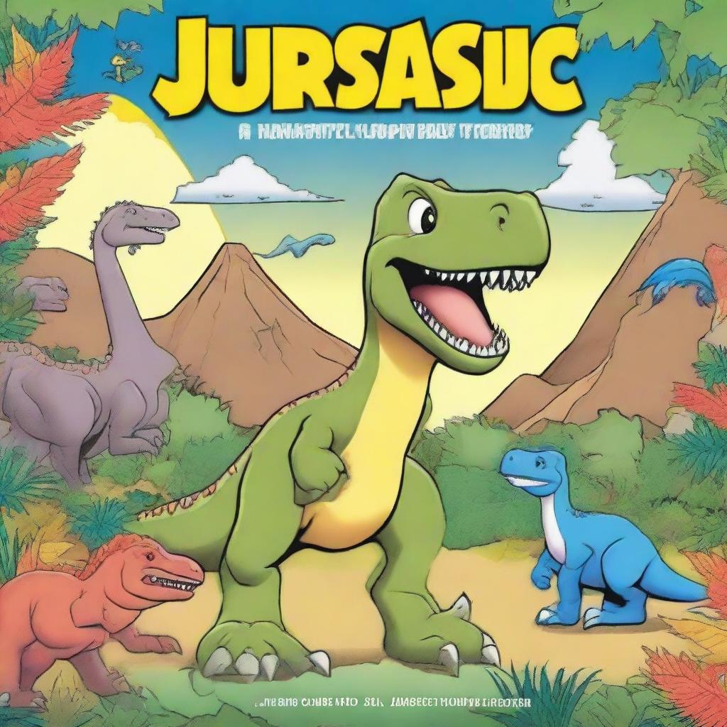 Create a cover image for a children's coloring book titled 'Jurassic Journeys: A Prehistoric Coloring Adventure