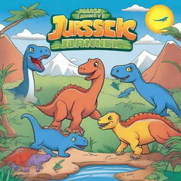 Create a cover image for a children's coloring book titled 'Jurassic Journeys: A Prehistoric Coloring Adventure