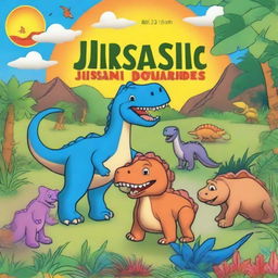 Create a cover image for a children's coloring book titled 'Jurassic Journeys: A Prehistoric Coloring Adventure