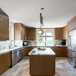 A modern, stylish kitchen with state-of-the-art stainless steel appliances, marble countertops, large windows for natural lighting, a kitchen island, and sleek wooden cabinets.