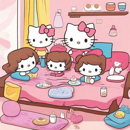 A cute image of Hello Kitty with brown hair having a sleepover with her friends