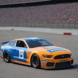 A Mustang car recast in a NASCAR style, featuring dynamic colors, race-specific alterations, and garnished with various sponsor logos.