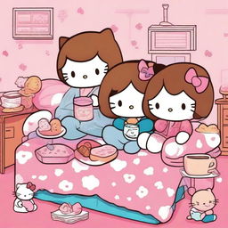 A cute image of Hello Kitty with brown hair having a sleepover with her friends