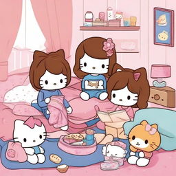 A cute image of Hello Kitty with brown hair having a sleepover with her friends