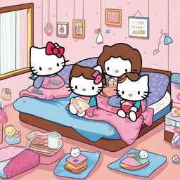 A cute image of Hello Kitty with brown hair having a sleepover with her friends