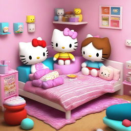 A 3D image of Hello Kitty with brown hair having a sleepover with her friends