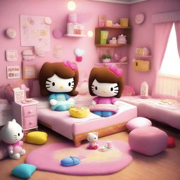 A 3D image of Hello Kitty with brown hair having a sleepover with her friends