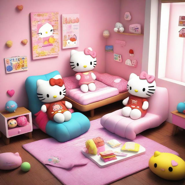 A 3D image of Hello Kitty with brown hair having a sleepover with her friends