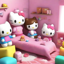 A 3D image of Hello Kitty with brown hair having a sleepover with her friends