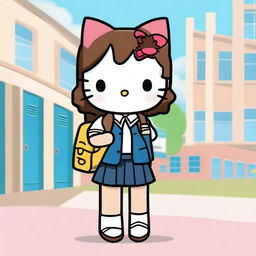 A cute image of Hello Kitty with brown hair going to high school