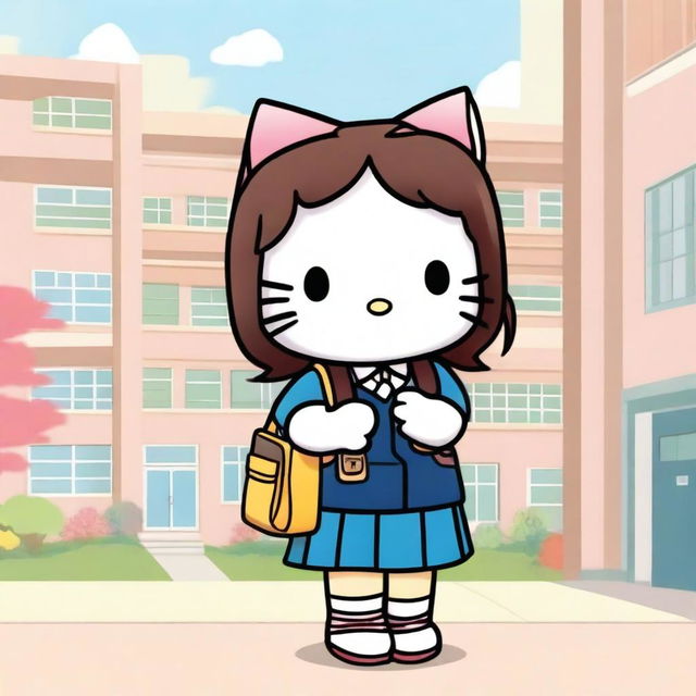 A cute image of Hello Kitty with brown hair going to high school