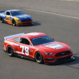 A Mustang car recast in a NASCAR style, featuring dynamic colors, race-specific alterations, and garnished with various sponsor logos.