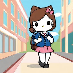 A cute image of Hello Kitty with brown hair going to high school