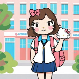 A cute image of Hello Kitty with brown hair going to high school