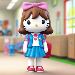 A 3D image of Hello Kitty with brown hair going to high school