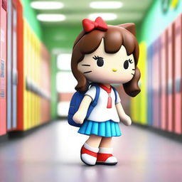 A 3D image of Hello Kitty with brown hair going to high school