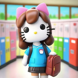 A 3D image of Hello Kitty with brown hair going to high school