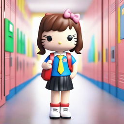 A 3D image of Hello Kitty with brown hair going to high school