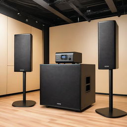 Create a detailed and visually appealing image showcasing the QSC Q-Sys audio system