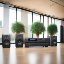 Create a detailed and visually appealing image showcasing the QSC Q-Sys audio system